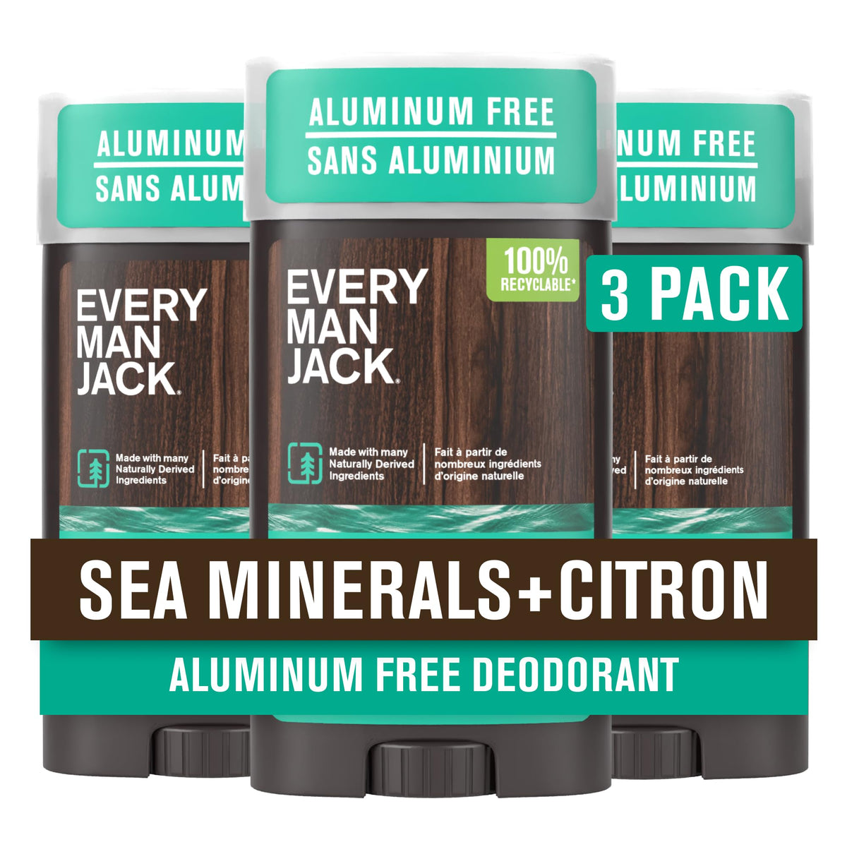 Every Man Jack Sea Minerals Citron deodorant 3-pack front view showing aluminum-free protection for all skin types