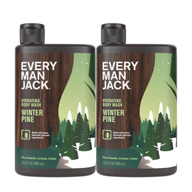 Every Man Jack Winter Pine bottle front highlights a hydrating cleanse for dry skin.
