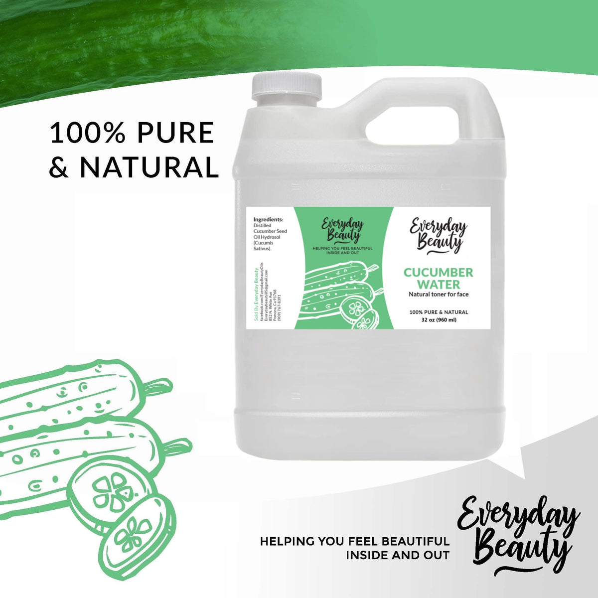 Everyday Beauty Cucumber Hydrosol spray mist used as a refreshing facial and hair tonic.