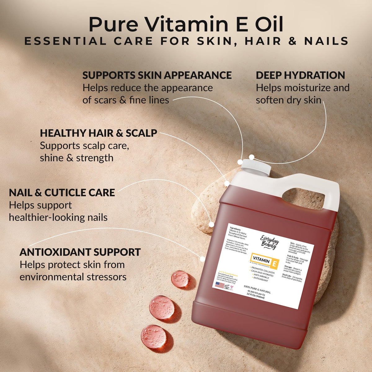 Everyday Beauty Vitamin E oil amber bottle shows thick, nourishing oil