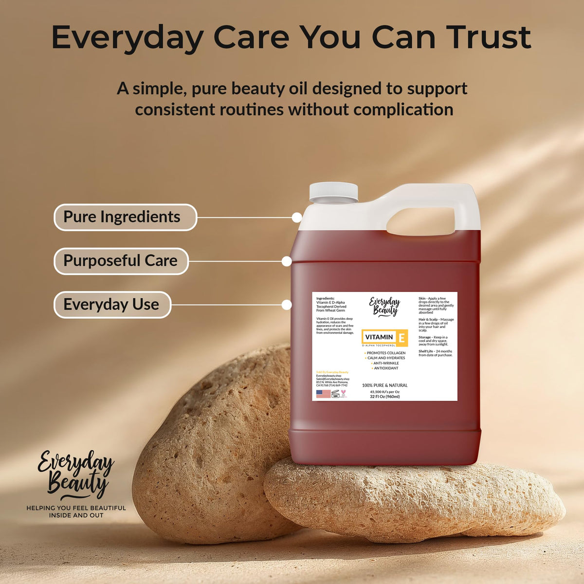 Everyday Beauty Vitamin E oil supports skin, hair, and nails care