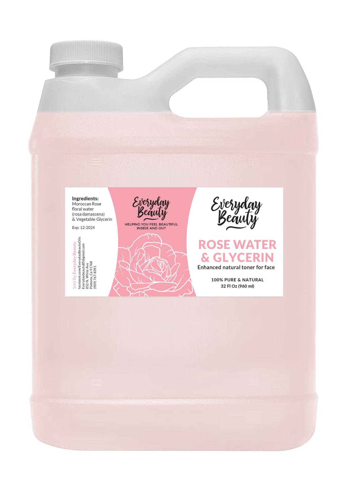 Everyday Beauty Rose Water Toner bottle close-up promoting deep hydration.