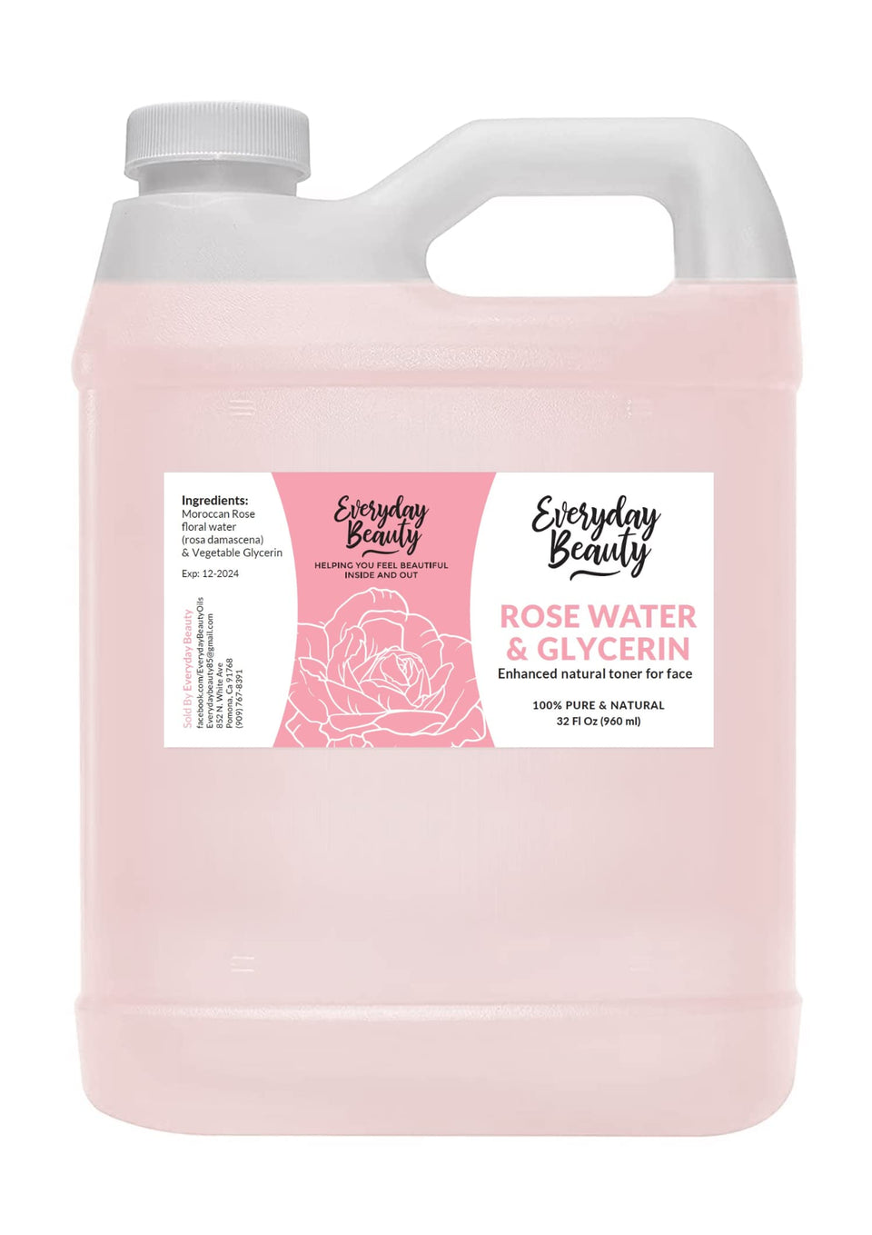 Everyday Beauty Rose Water Toner bottle close-up promoting deep hydration.
