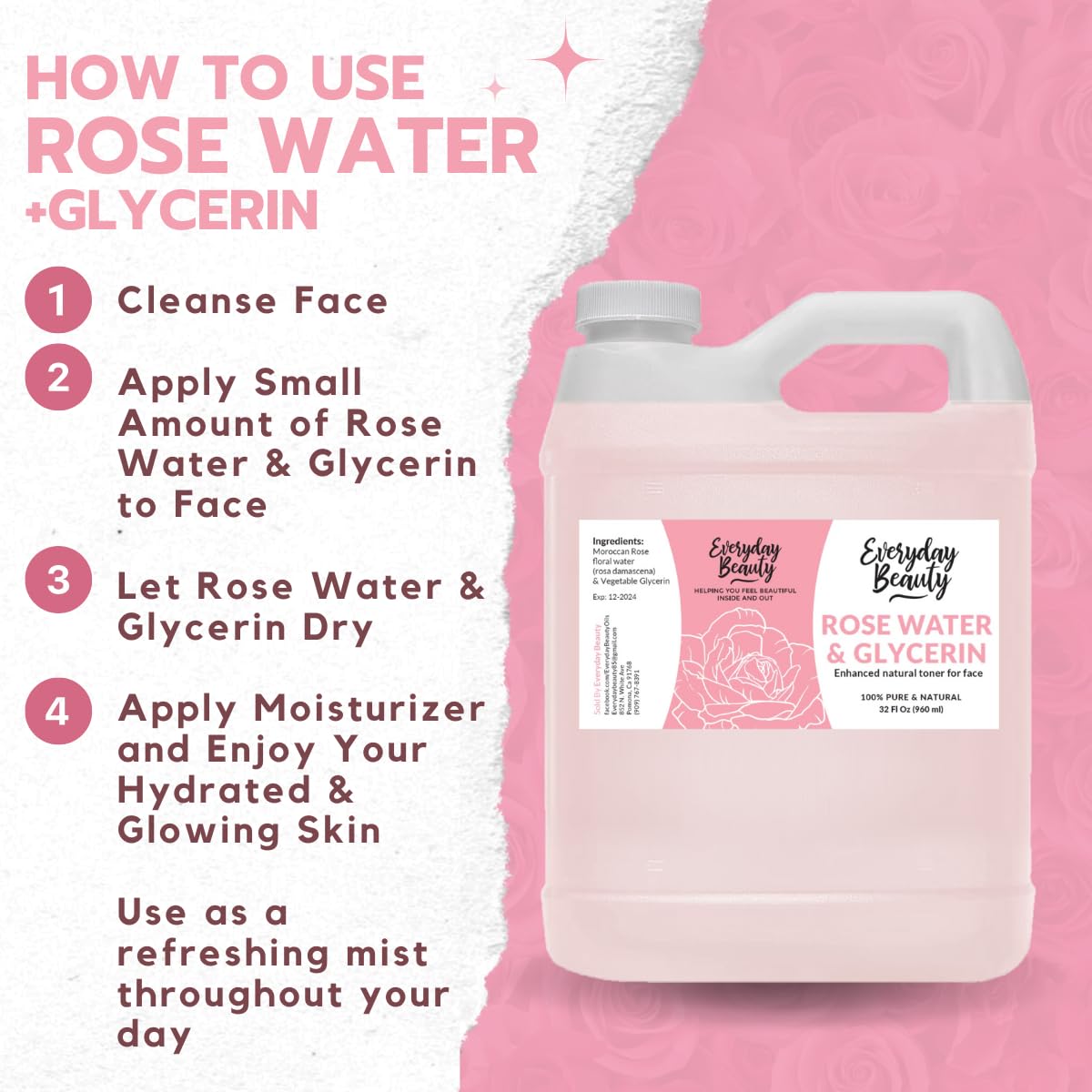 Everyday Beauty Rose Water Toner glossy bottle close-up with premium packaging.