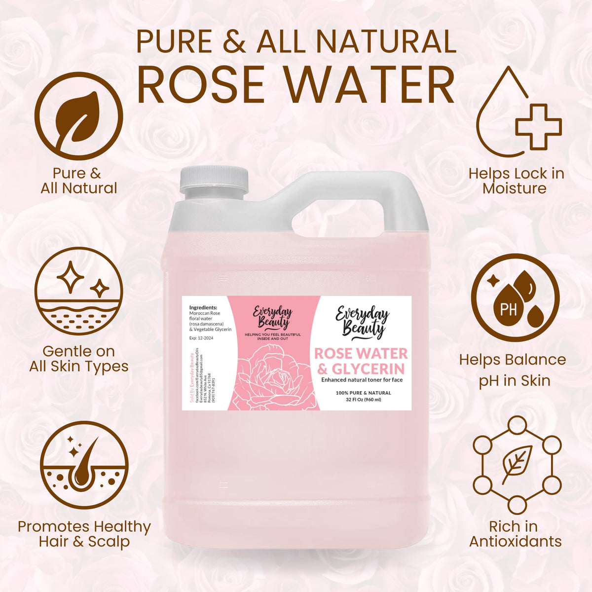 Everyday Beauty Rose Water Toner label detail emphasizing vegan, alcohol-free formula.