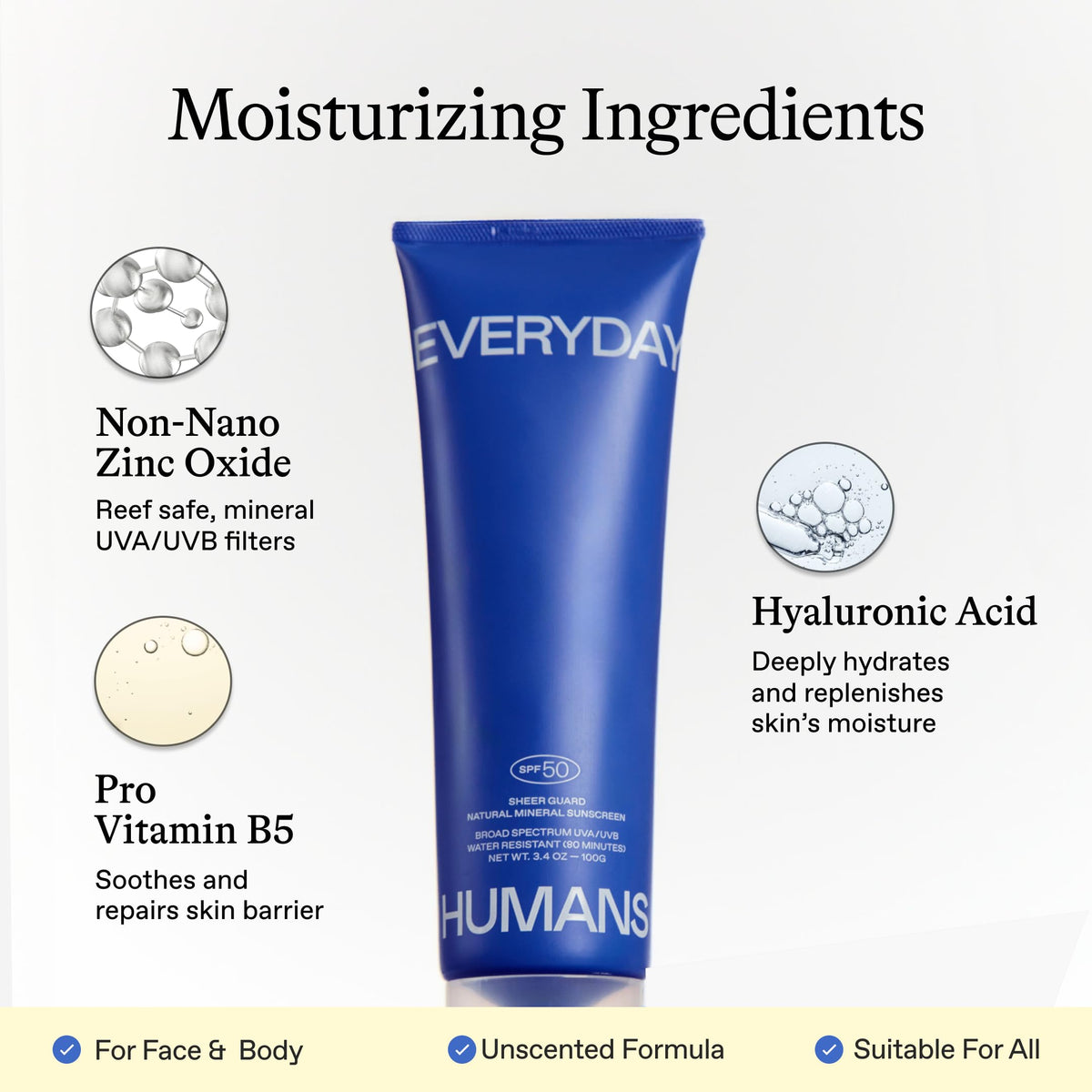 Everyday Humans Sheer Guard reef-safe label emphasizes eco-friendly zinc oxide.