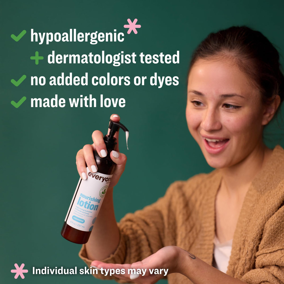 Everyone 2-in-1 unscented lotion hands-application highlighting smooth hydrated skin