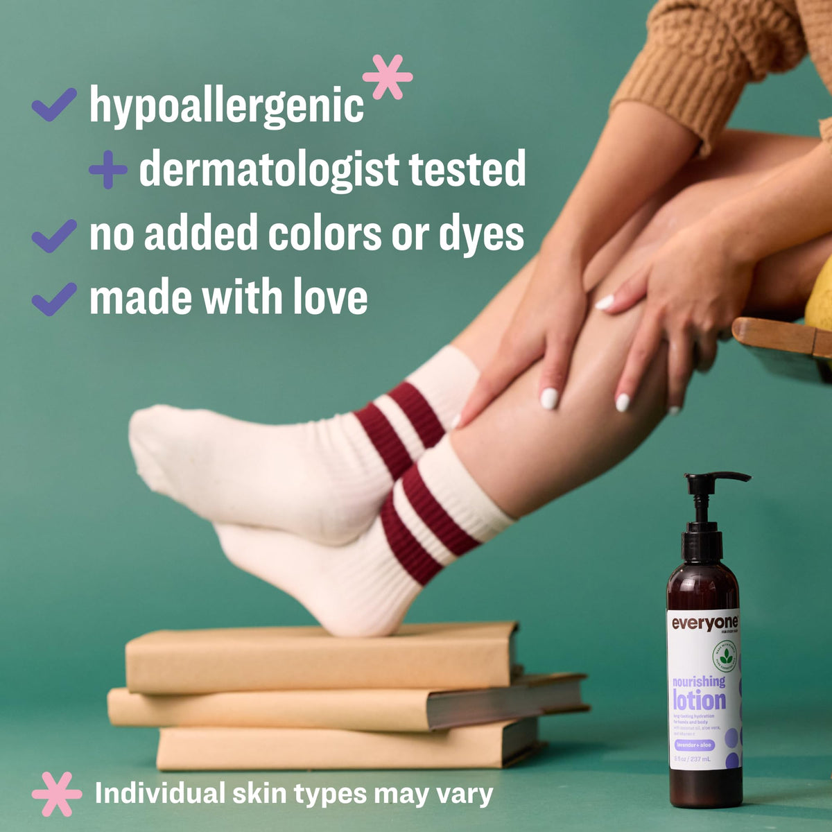 Everyone 2-in-1 lotion bottle back reveals ingredients and usage guidance.