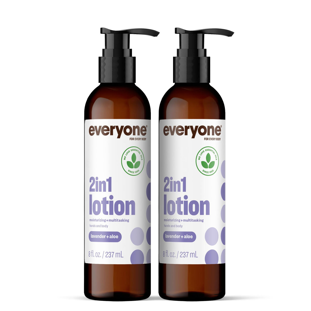Everyone 2-in-1 lotion bottle front shows lavender and aloe for soft skin.