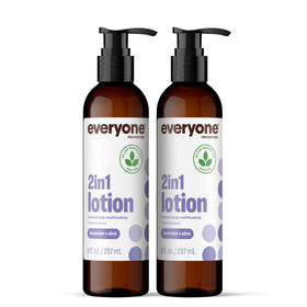 Everyone 2-in-1 lotion bottle front shows lavender and aloe for soft skin.