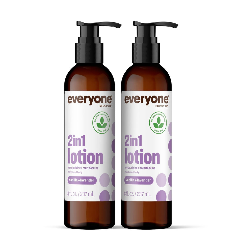 Everyone 2in1 lavender-vanilla lotion bottle for hands and body, quick hydration.
