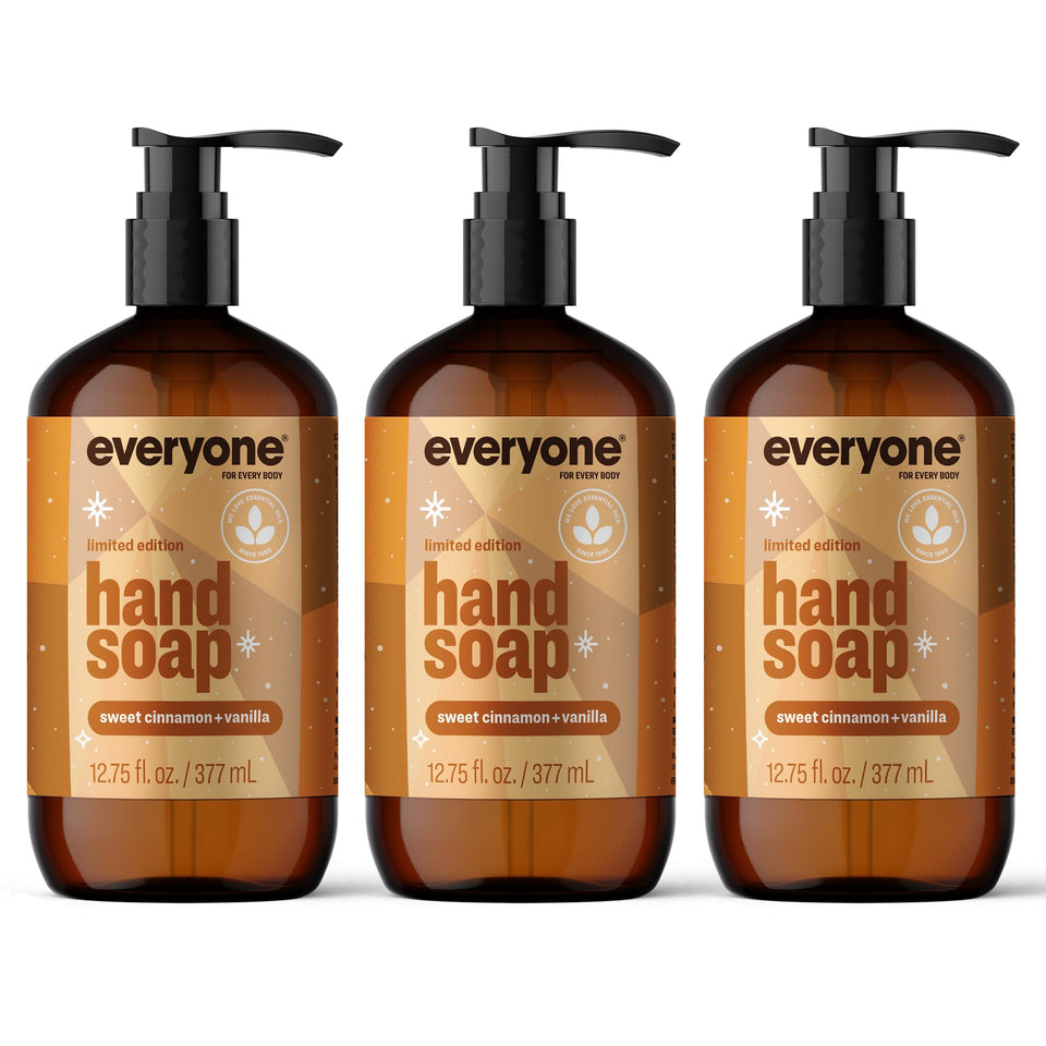 Everyone Liquid Hand Soap bottles in Sweet Cinnamon + Vanilla for daily cleansing.