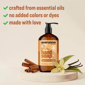Close-up of Everyone Hand Soap label highlighting the cinnamon-vanilla scent.