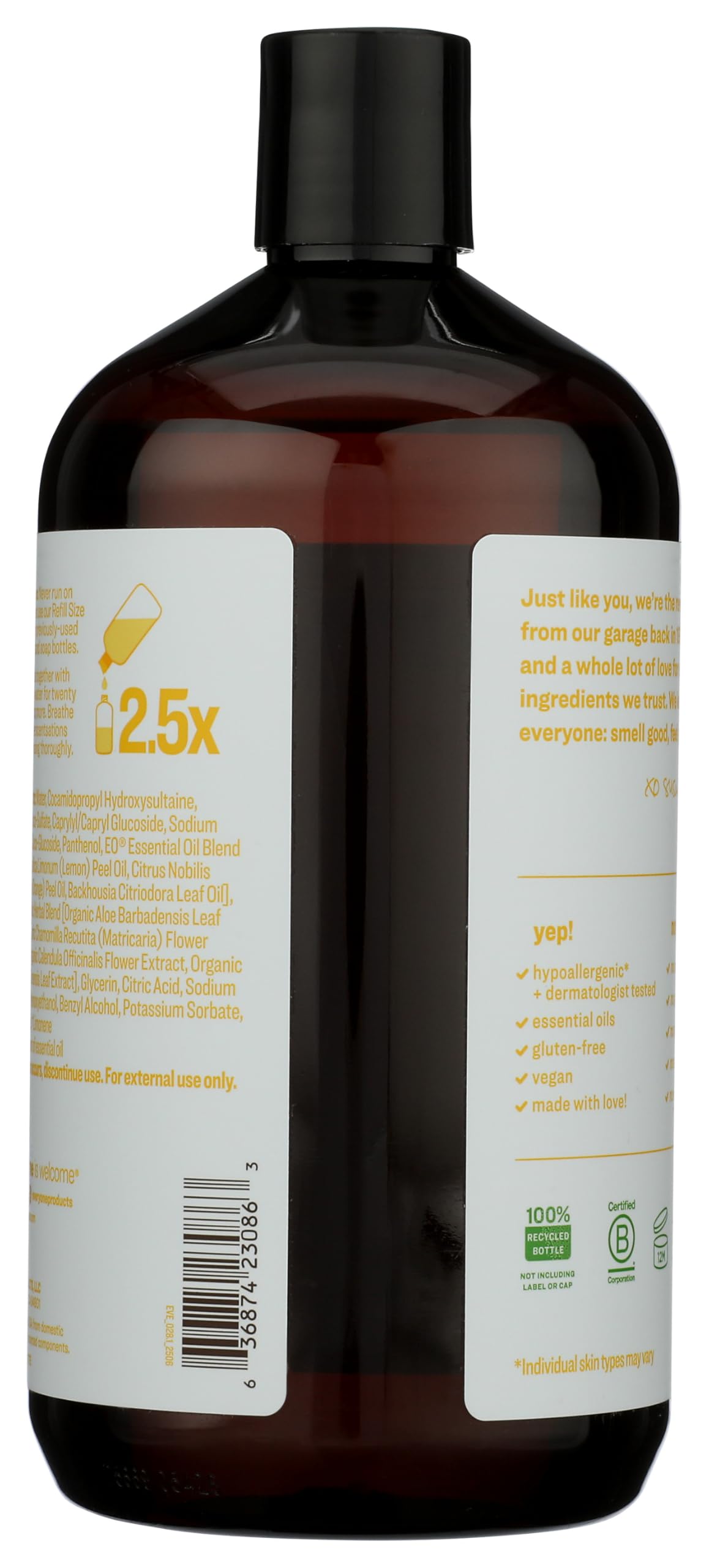 Hands holding Everyone Meyer Lemon Mandarin refill bottle for easy kitchen handwashing.