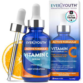 EVERYOUTH Vitamin C Serum bottle front showing brightening potential for radiant skin.