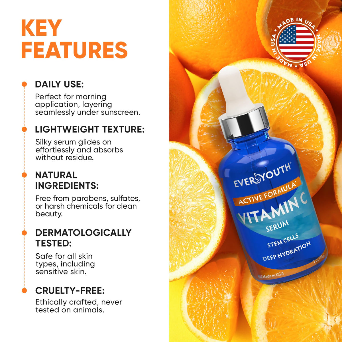 EVERYOUTH Vitamin C Serum brightening closeup hints a luminous complexion.