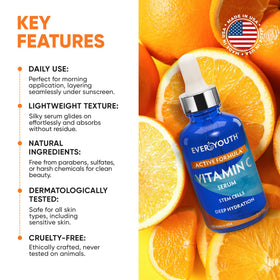 EVERYOUTH Vitamin C Serum brightening closeup hints a luminous complexion.