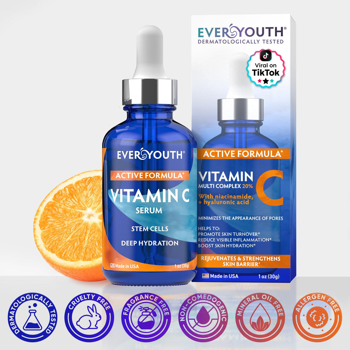 EVERYOUTH Vitamin C Serum hyaluronic acid closeup emphasizes deep hydration.