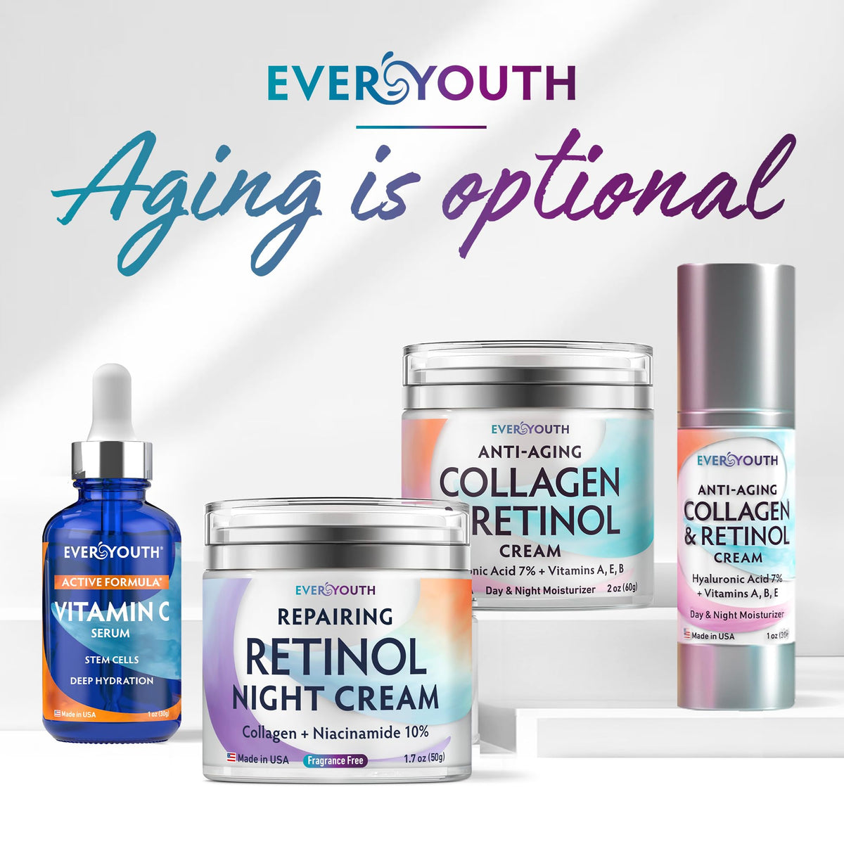 EVERYOUTH Vitamin C Serum made in USA packaging signals quality and safety.