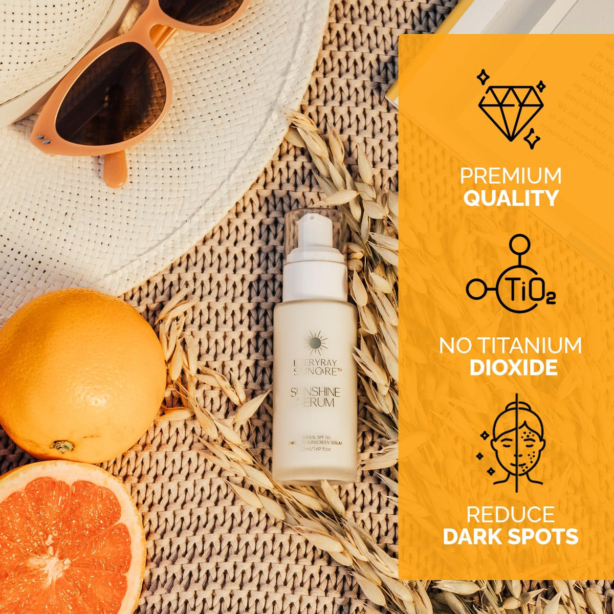 EveryRay Suncare Sunshine Serum on vanity with soft sunlight.