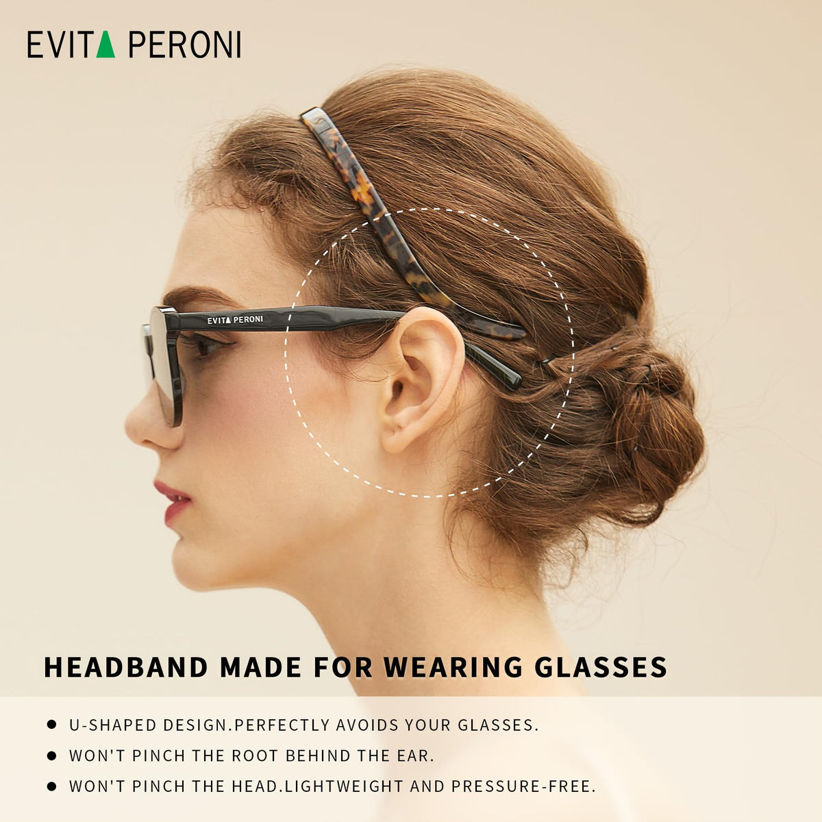 EVITA PERONI hair band no-headache design reduces pressure for comfort.