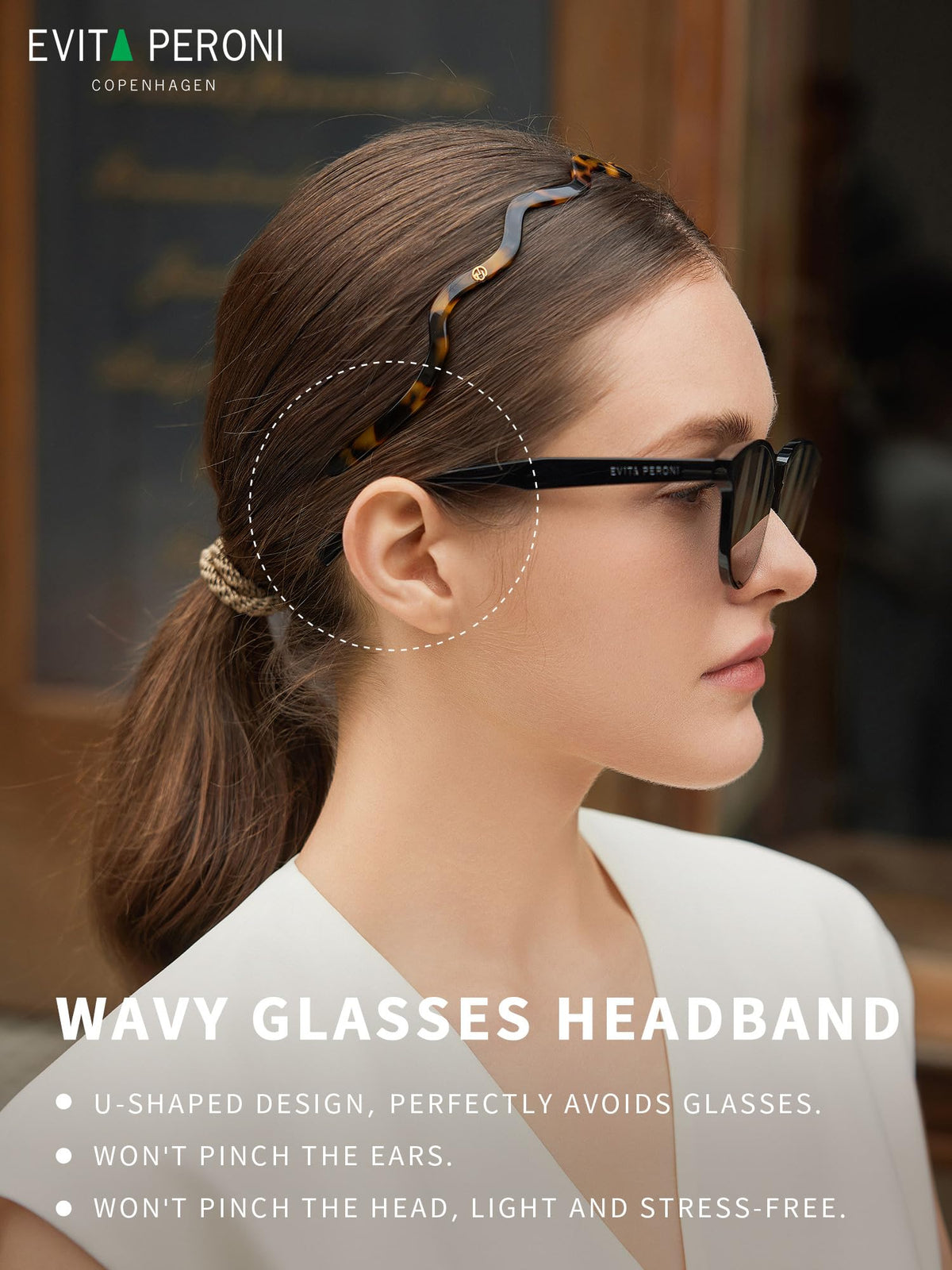 EVITA PERONI Wavy Glasses Headband side view highlighting comfortable U-shaped design