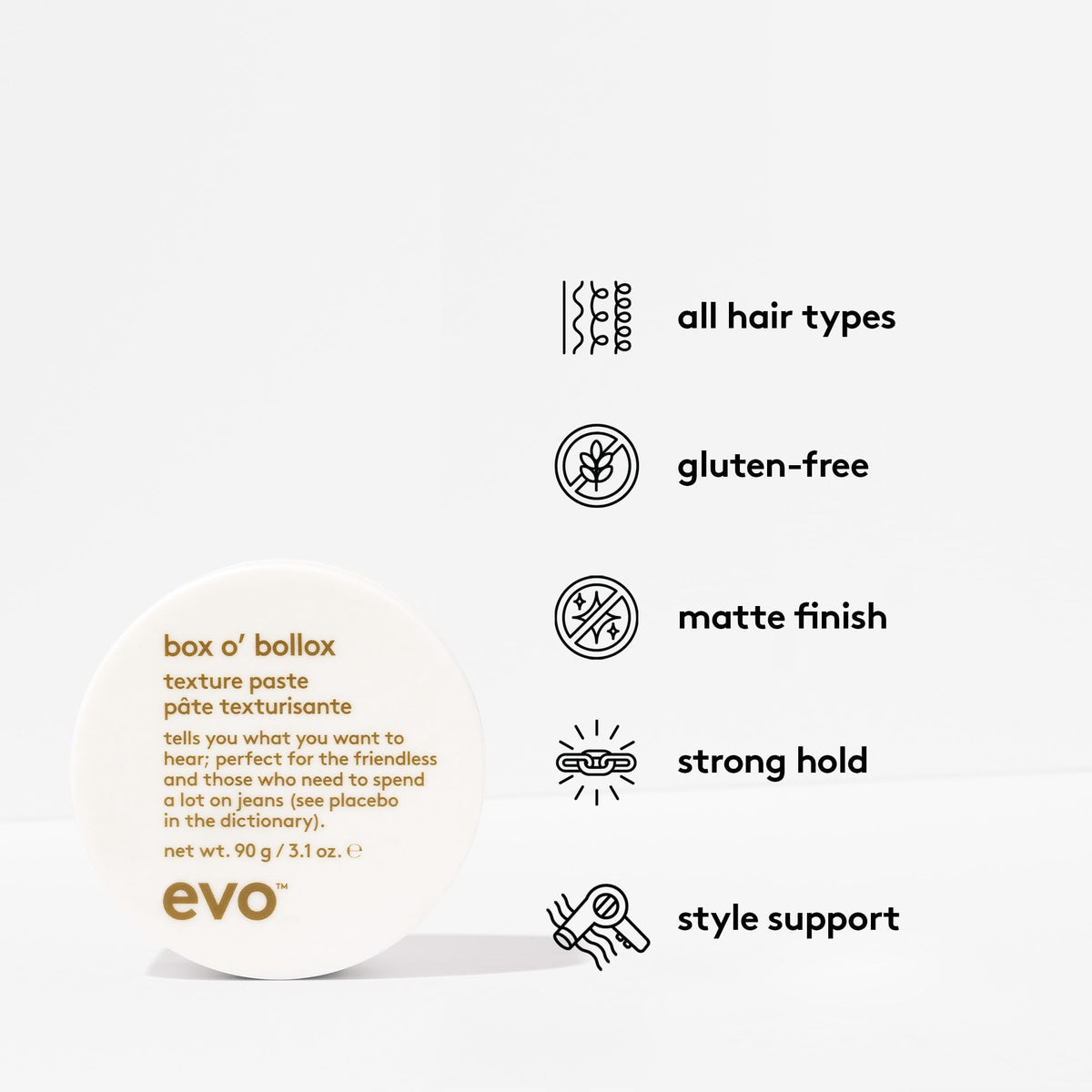 EVO Box O' Bollox application on hair demonstrates natural matte finish.