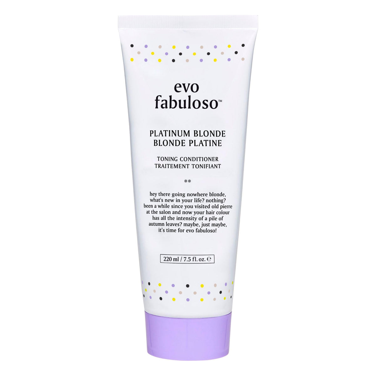 EVO Fabuloso Platinum bottle front view showing premium blonde care for brass control.
