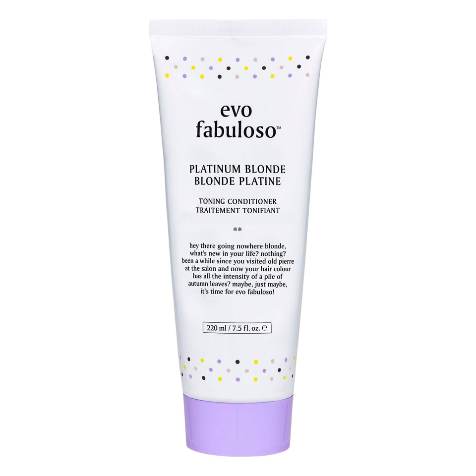 EVO Fabuloso Platinum bottle front view showing premium blonde care for brass control.