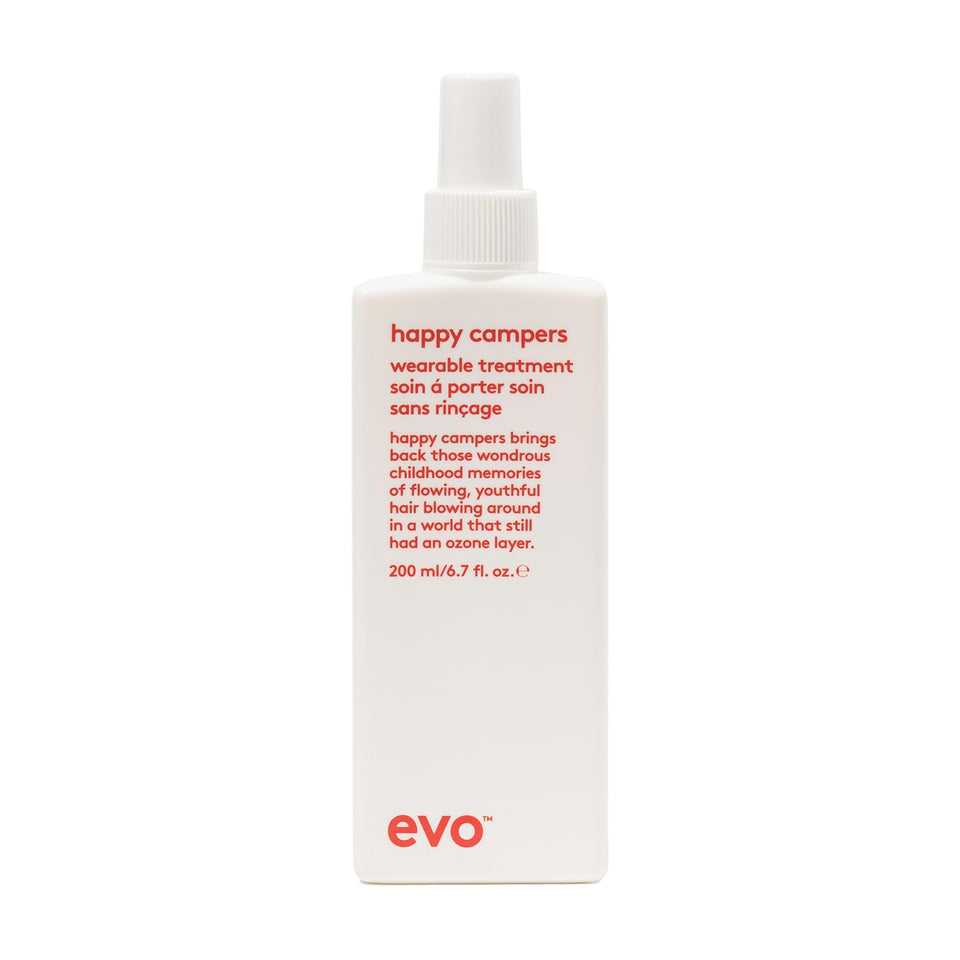 EVO Happy Campers bottle front, a lightweight leave-in care for smooth, protected hair