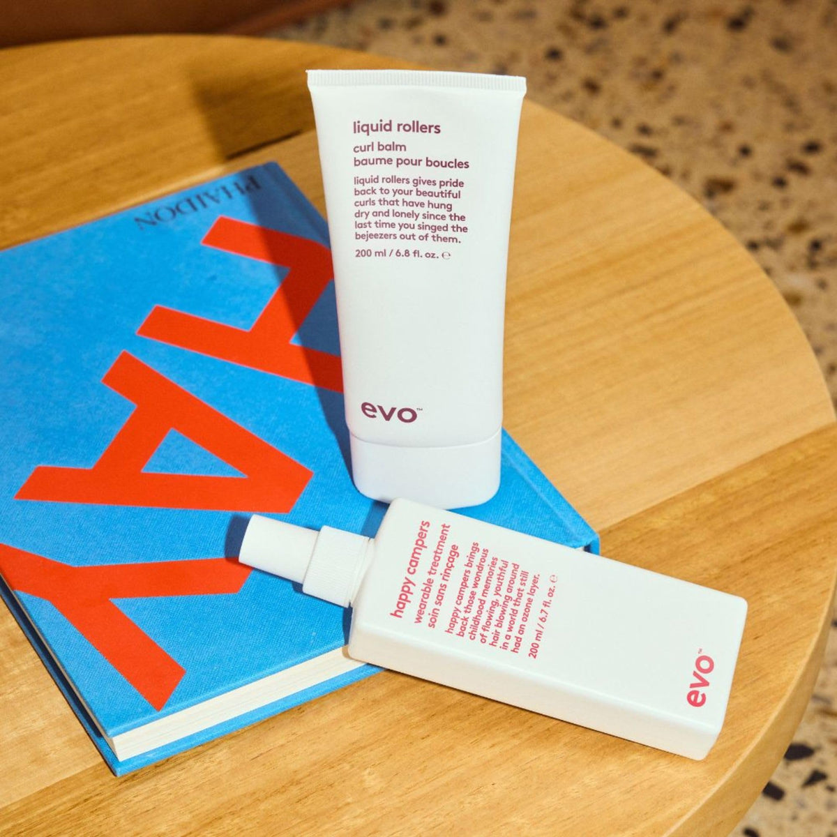 EVO Happy Campers UV label, travel-friendly leave-in for all hair types