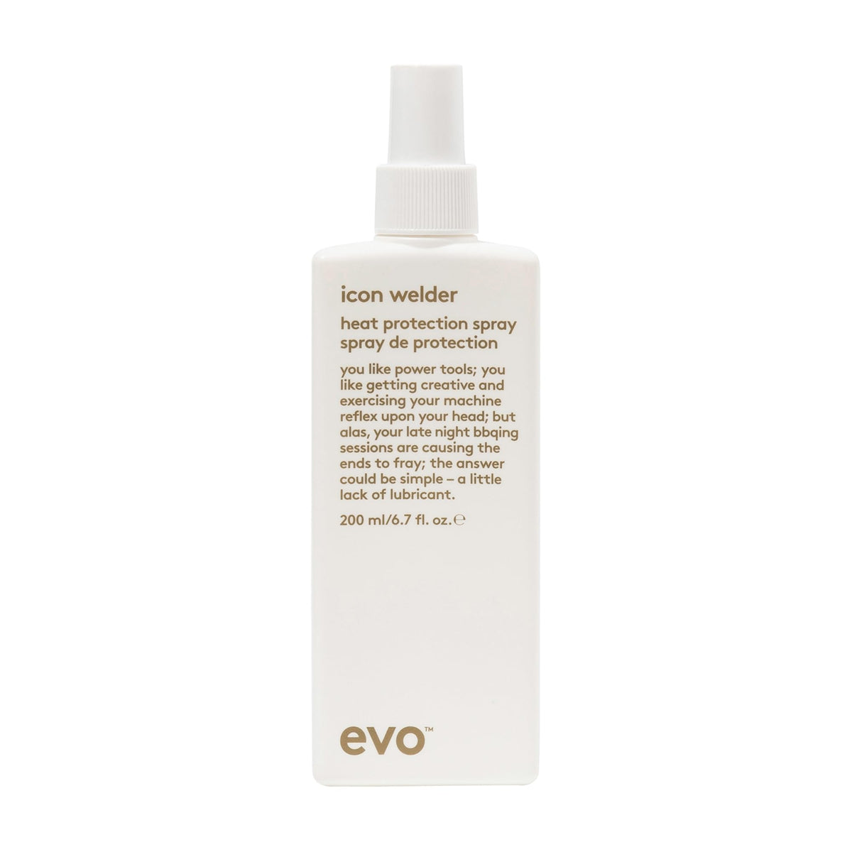 EVO Icon Welder bottle close-up showing heat protection in action for styling.