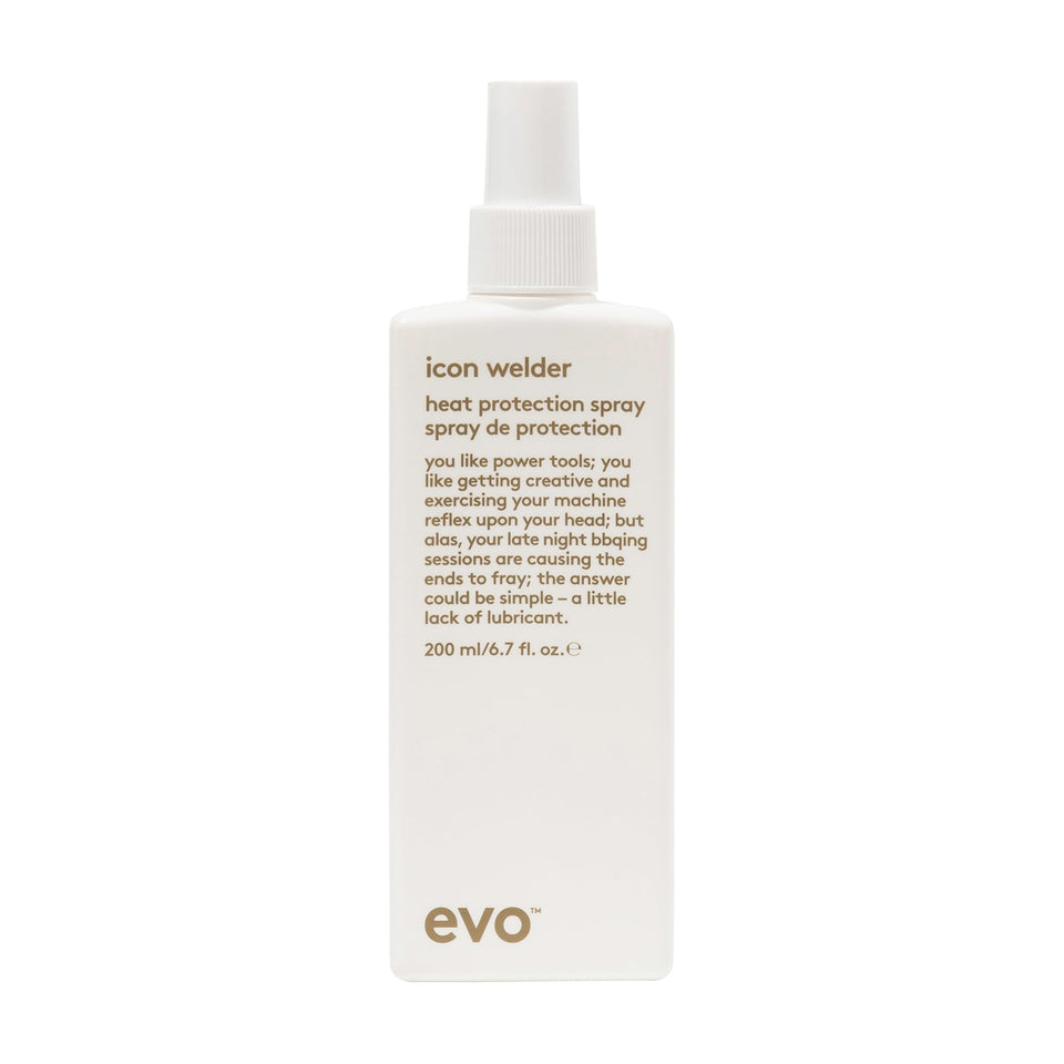 EVO Icon Welder bottle close-up showing heat protection in action for styling.