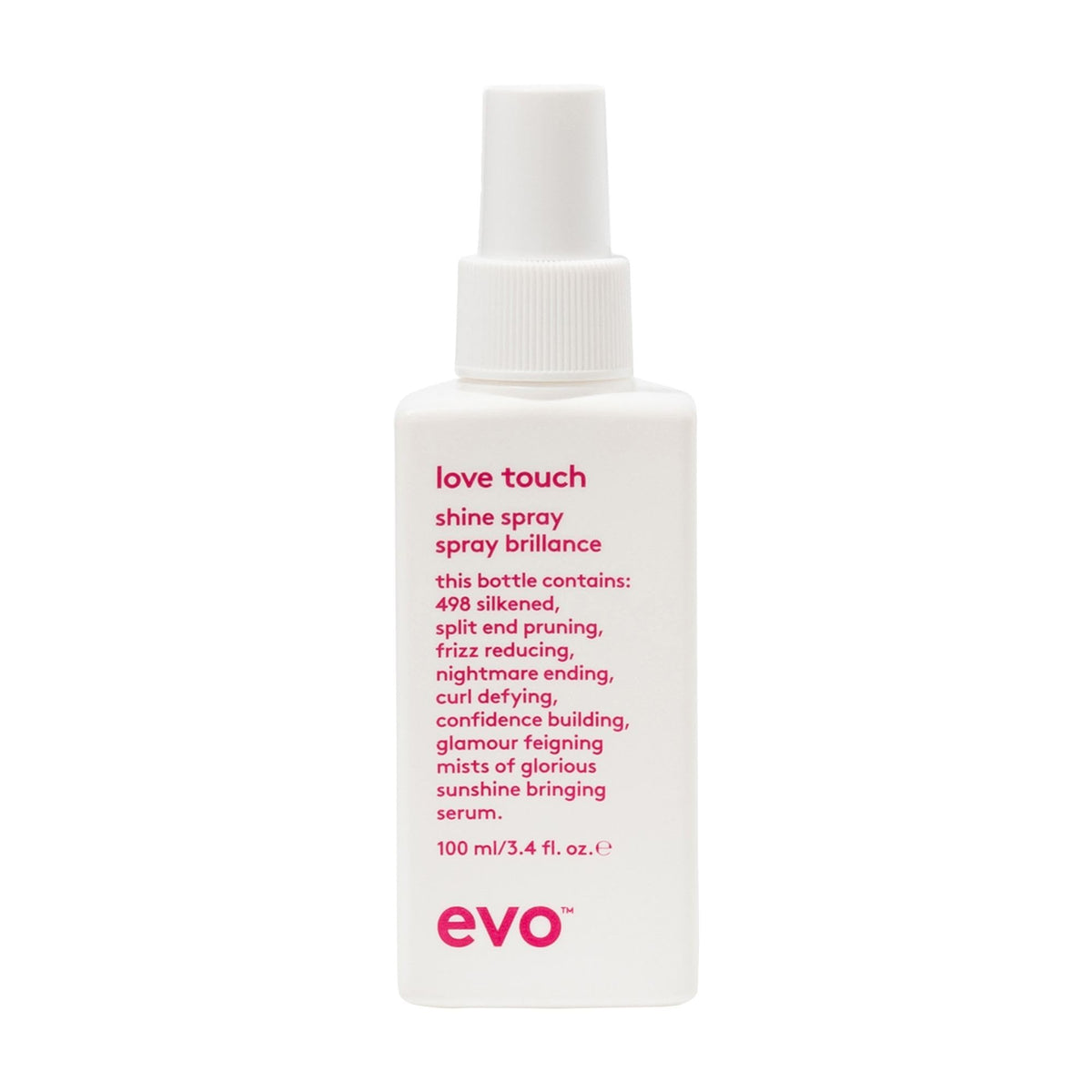 EVO Love Touch bottle close-up highlighting shine and smoothness for all hair types