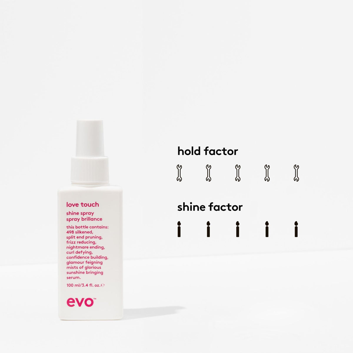 EVO Love Touch hair shine application emphasizes luminous gloss and easier brushing