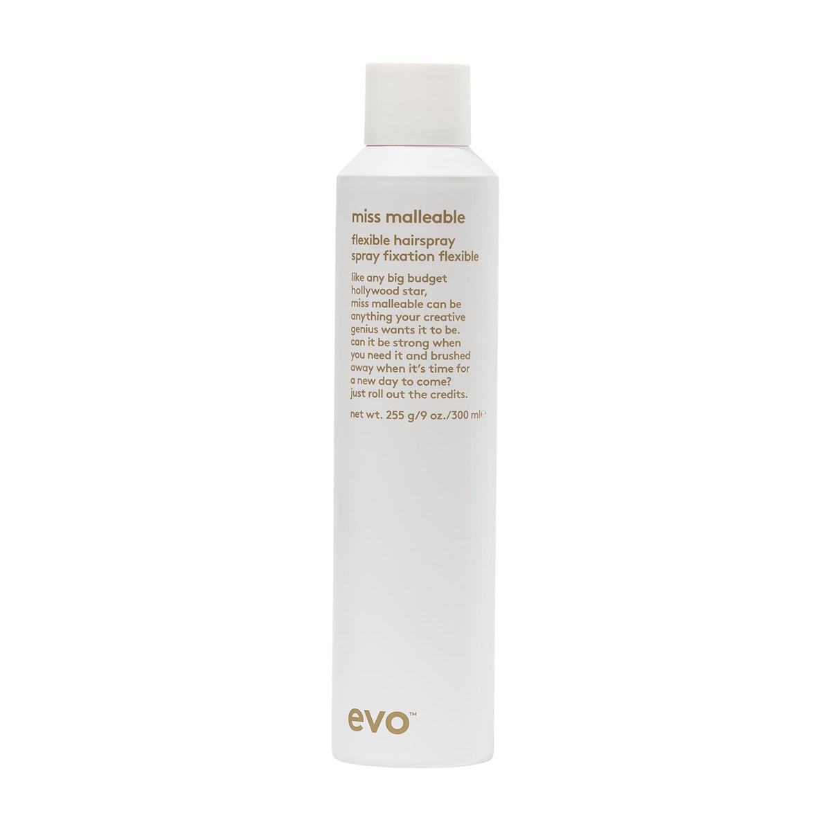 EVO Miss Malleable bottle showing strong, flexible hold for lasting style.