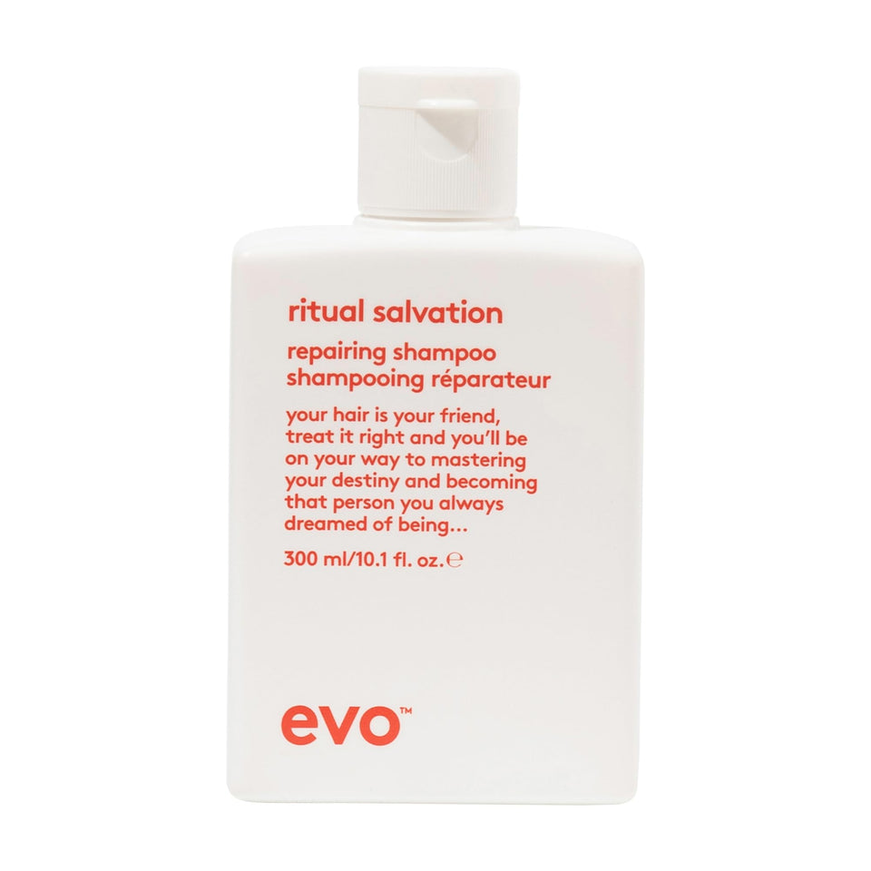 EVO Ritual Salvation Shampoo bottle shown, ideal for color-treated hair and repair