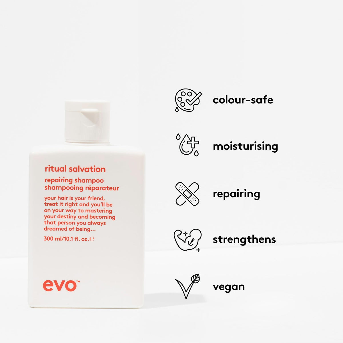 EVO Ritual Salvation Shampoo being poured to reveal rich lather for gentle cleansing