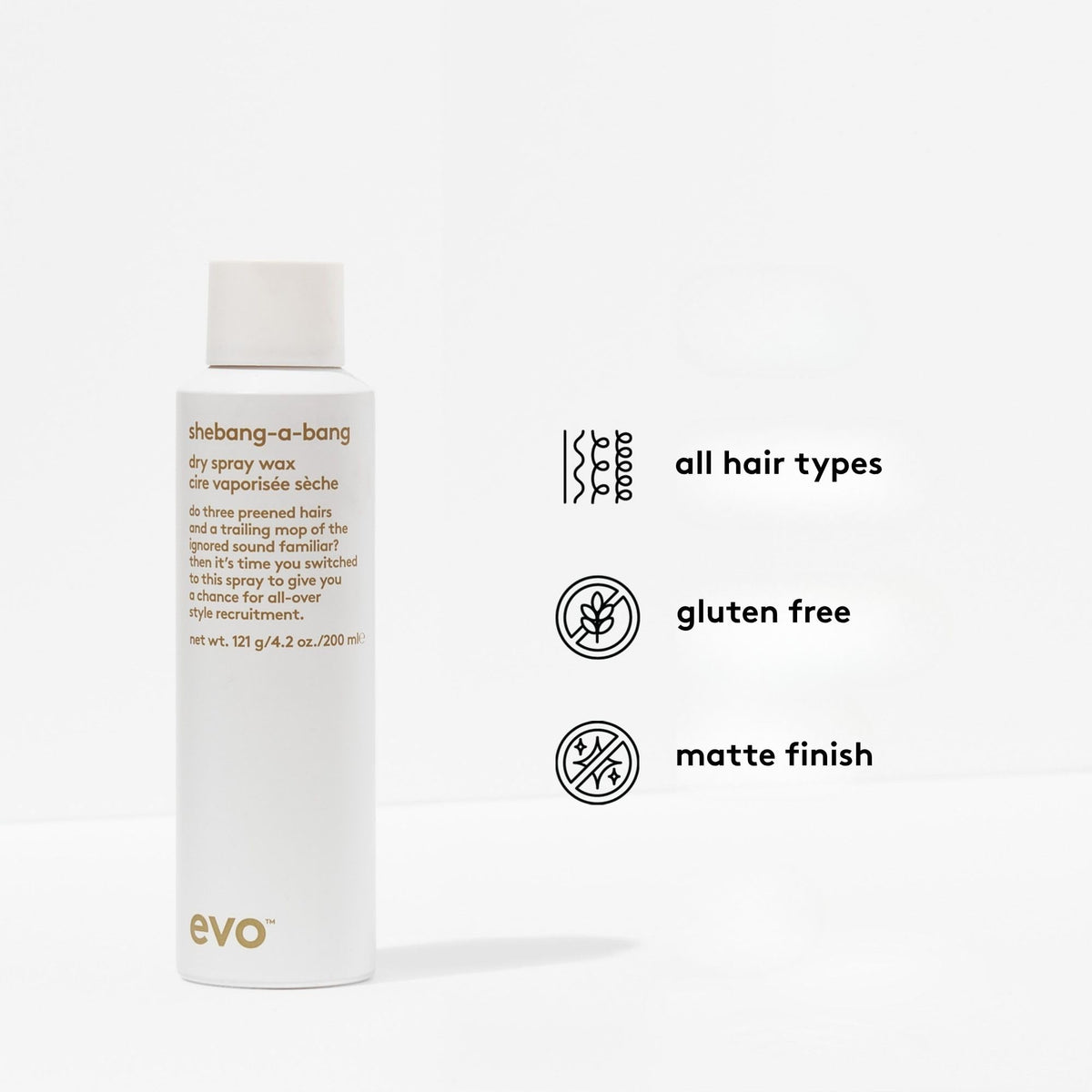 EVO Shebang-A-Bang spray creates separation and natural movement in hair.