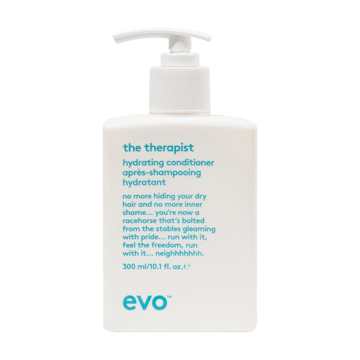 Evo The Therapist hydrating conditioner bottle with pump for easy application on dry hair.