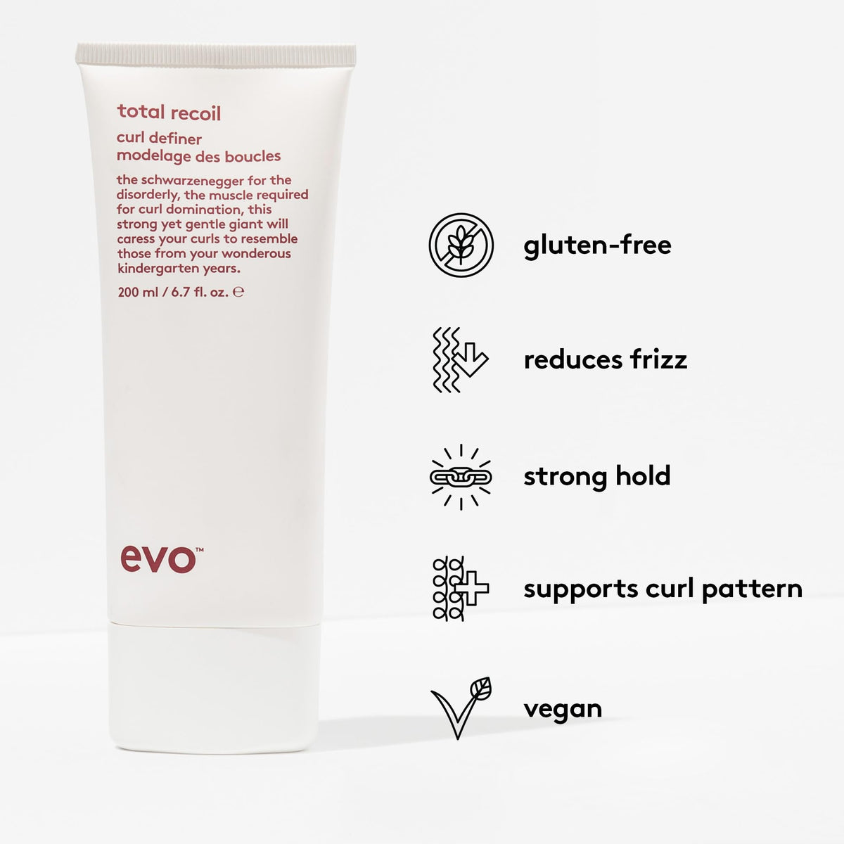 Applied to hair, EVO Total Recoil Curl Definer enables easy styling.