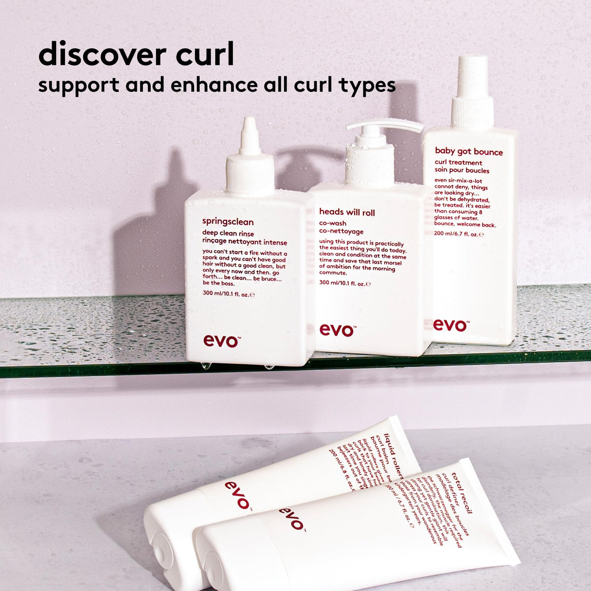 EVO Total Recoil curl defining cream packaging display highlighting benefits
