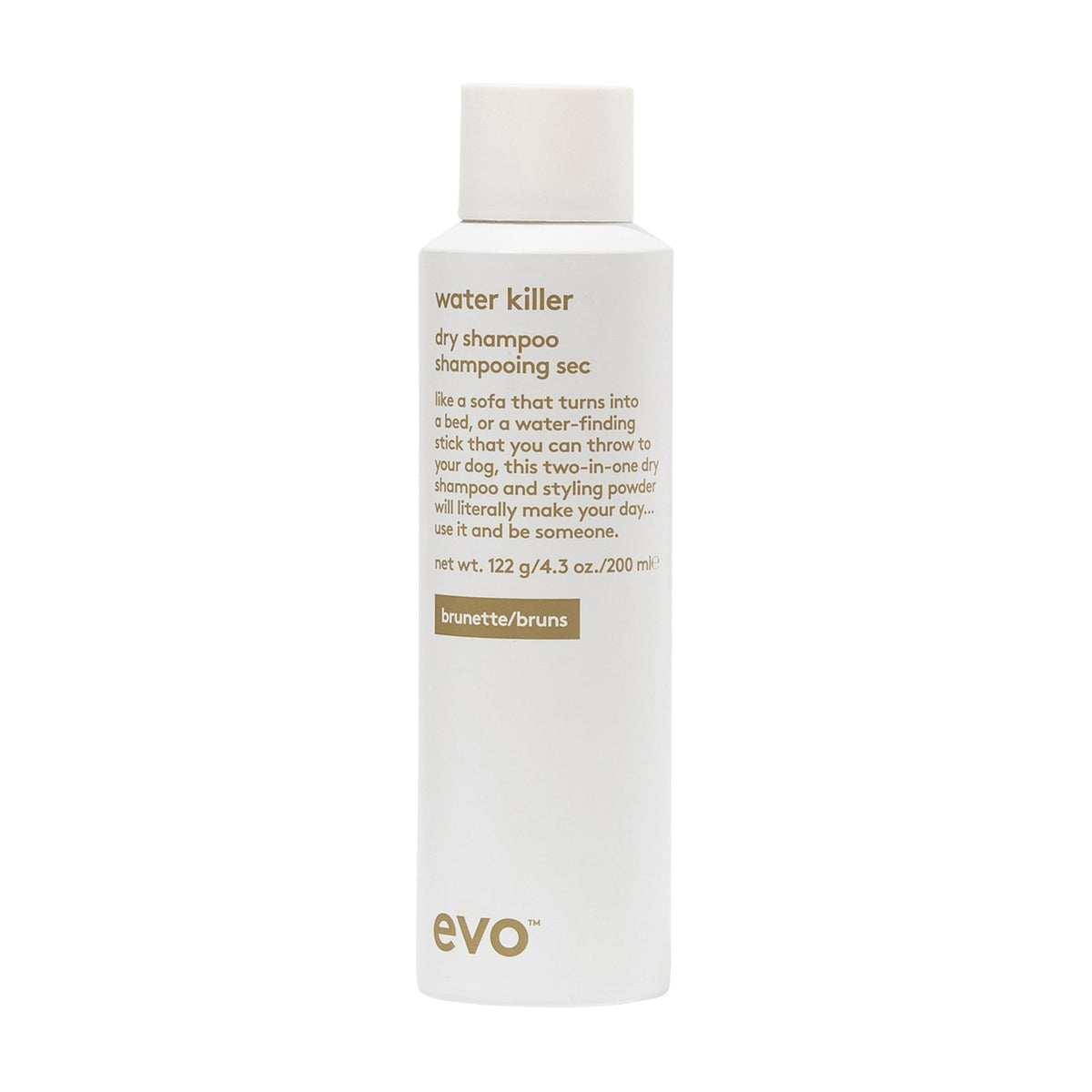 EVO Water Killer Dry Shampoo Brunette bottle refreshes brunette hair and controls oil.