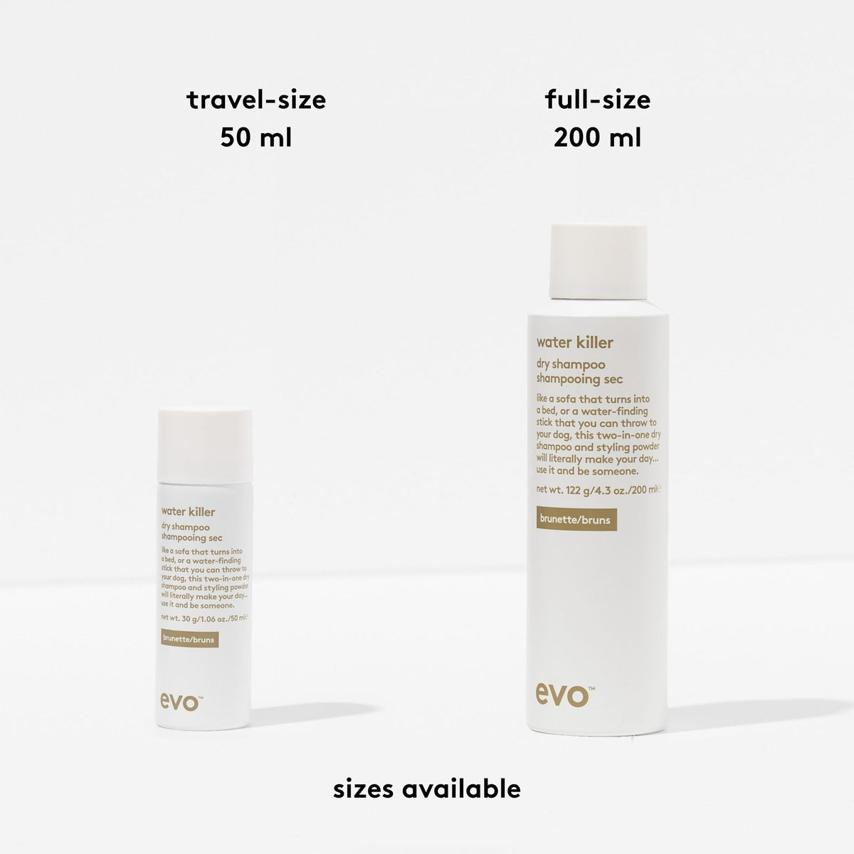 EVO Water Killer Dry Shampoo Brunette blends with dark hair for seamless coverage.