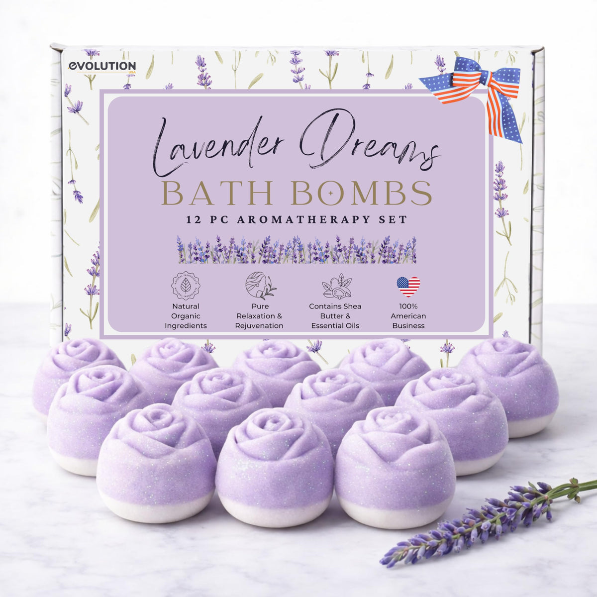 EvolutionUSA Lavender Dreams bath bombs in gift packaging, ideal for a relaxing pampering gift.