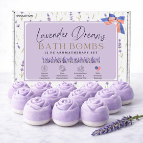 EvolutionUSA Lavender Dreams bath bombs in gift packaging, ideal for a relaxing pampering gift.
