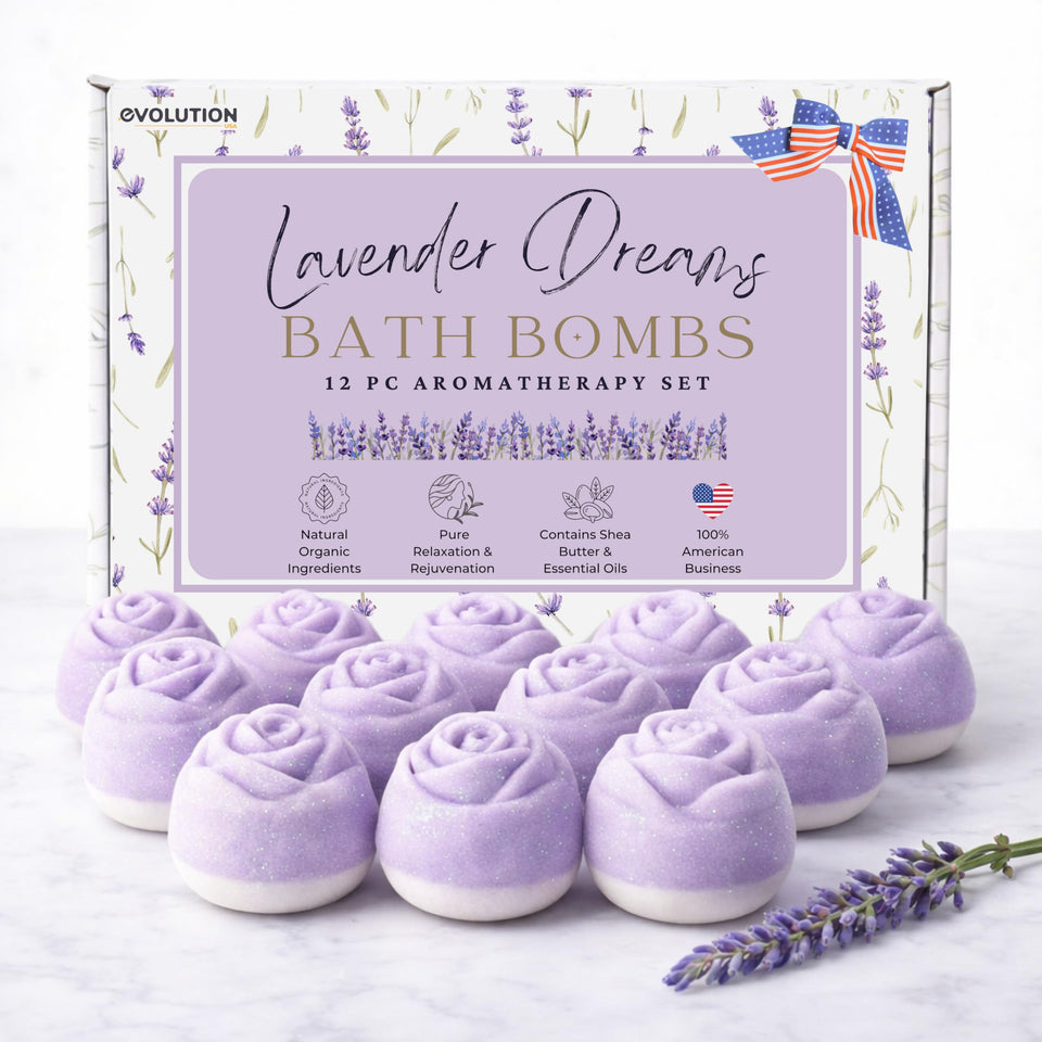 EvolutionUSA Lavender Dreams bath bombs in gift packaging, ideal for a relaxing pampering gift.