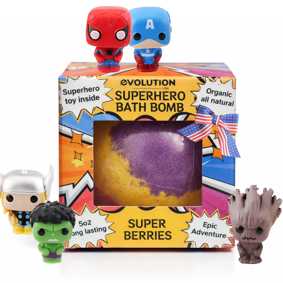 EvolutionUSA red epic superhero bath bomb with toy inside for kids