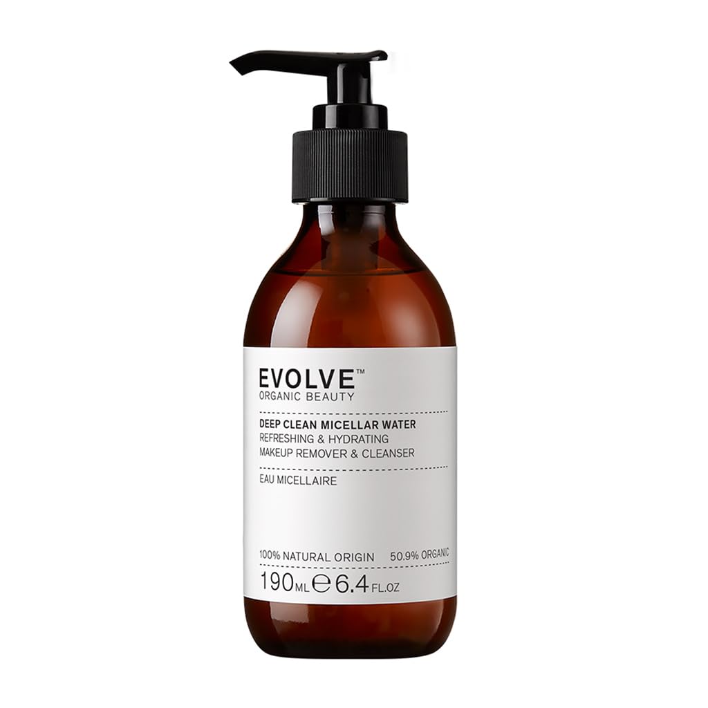 Evolve Deep Clean Micellar Water bottle front view, a gentle cleanser for daily use.