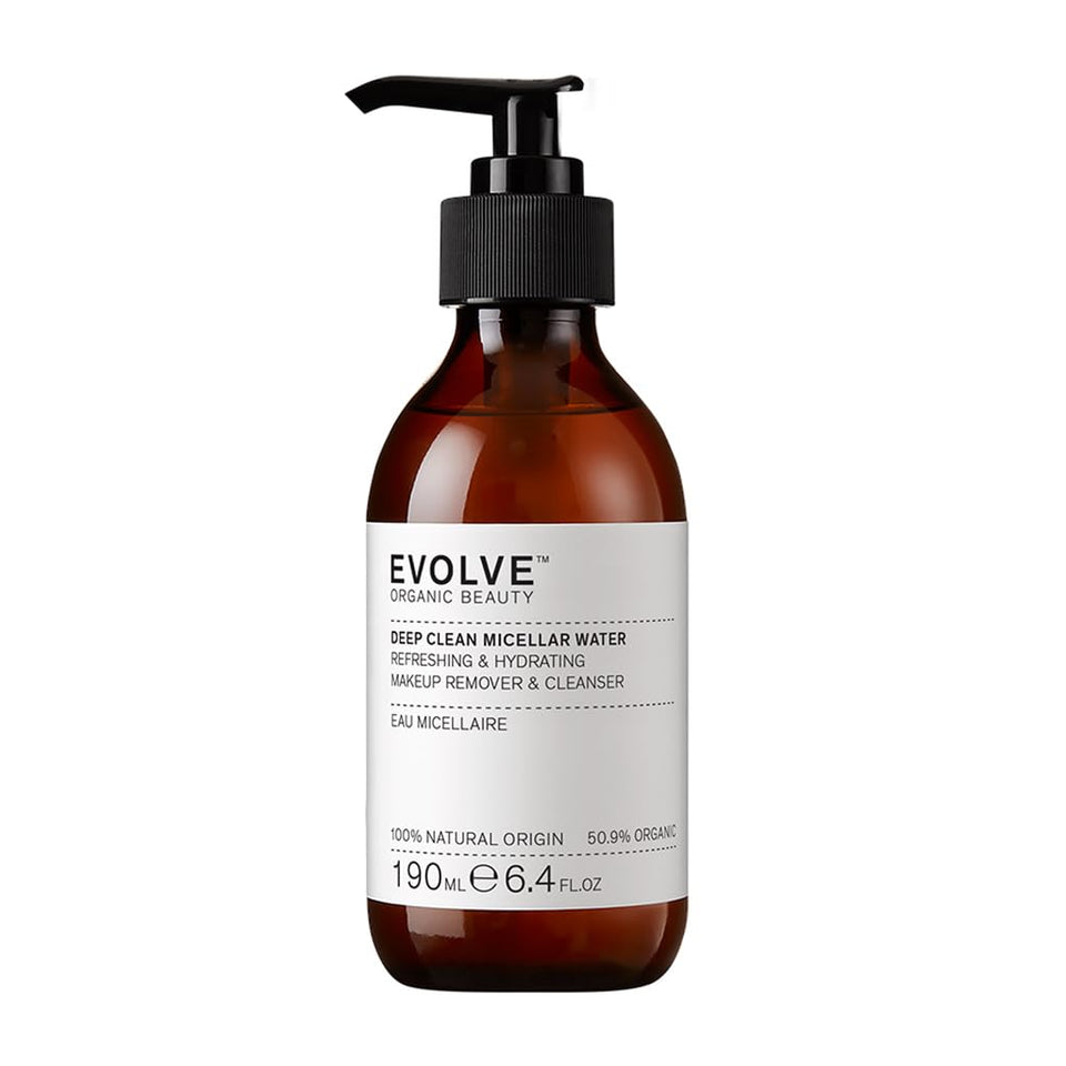 Evolve Deep Clean Micellar Water bottle front view, a gentle cleanser for daily use.